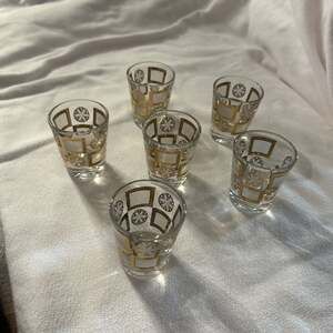 Set of 6 MCM ‘60s Culver Carnival Circle Starburst‎ Square 22k gold shot glasses